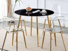 round glass dining table with four chairs min