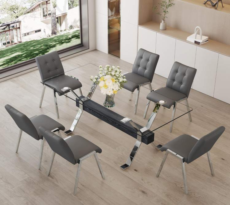 glass dining table and six chairs